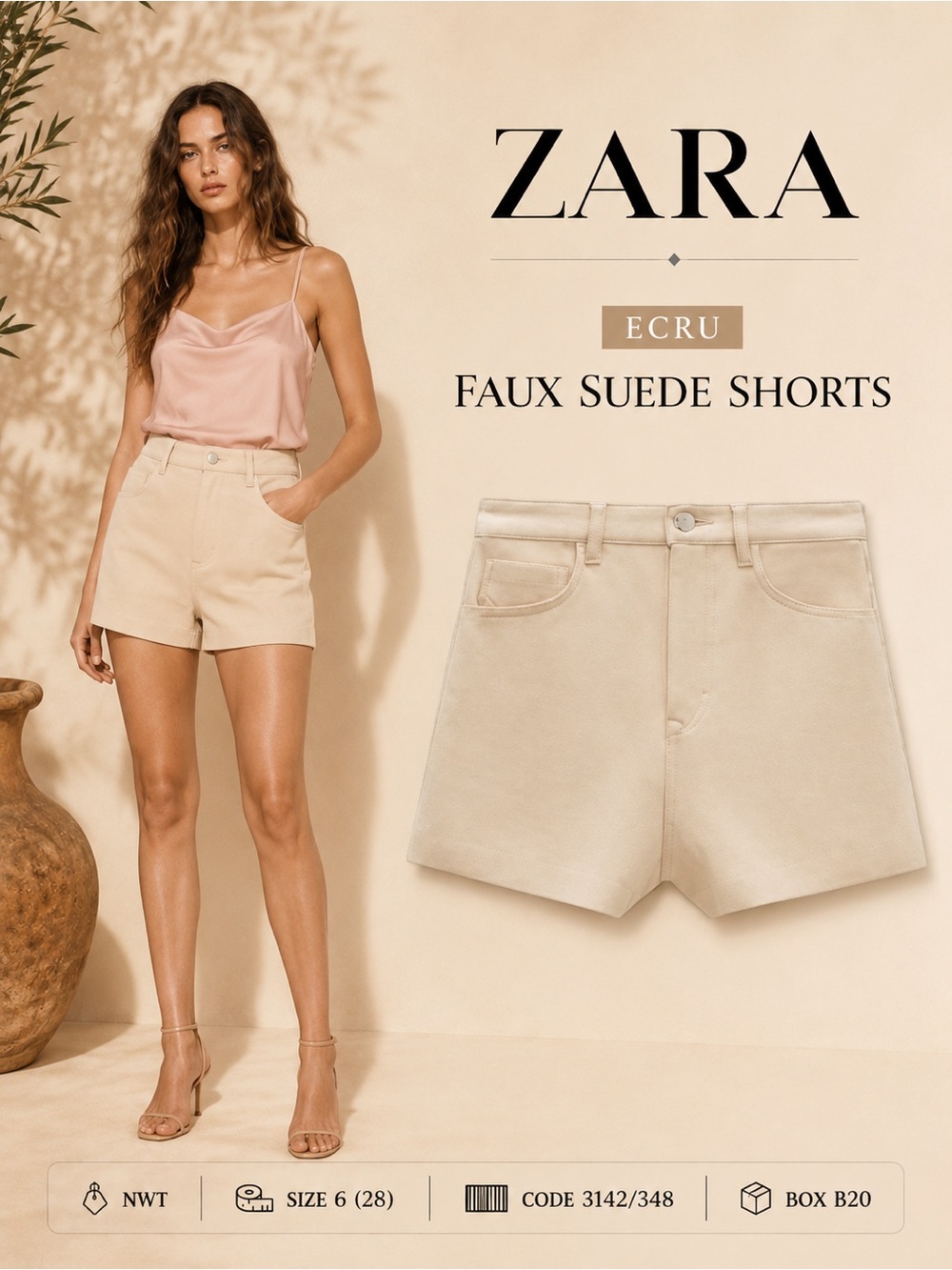 ZARA Ecru Faux Suede High Waist Shorts NWT Size 6 / 28